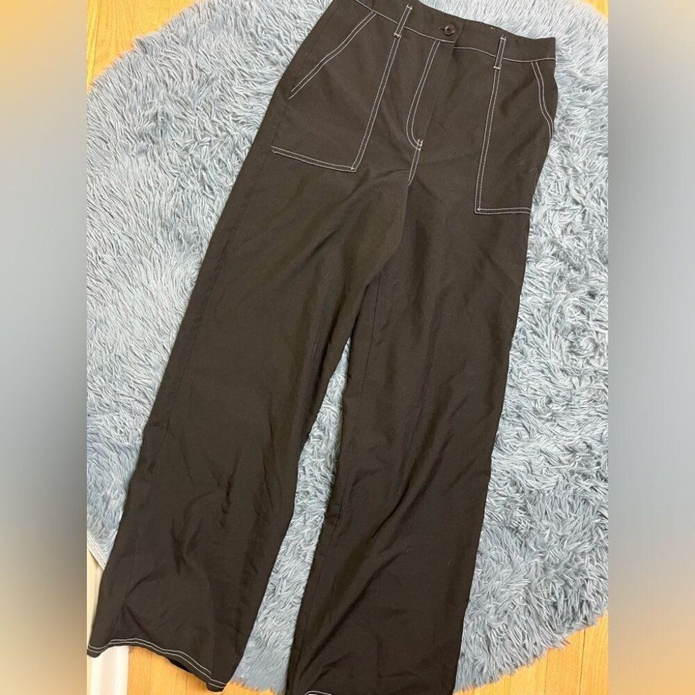 Nasty Gal Black Wide Leg Pants with White Stitch Detail
